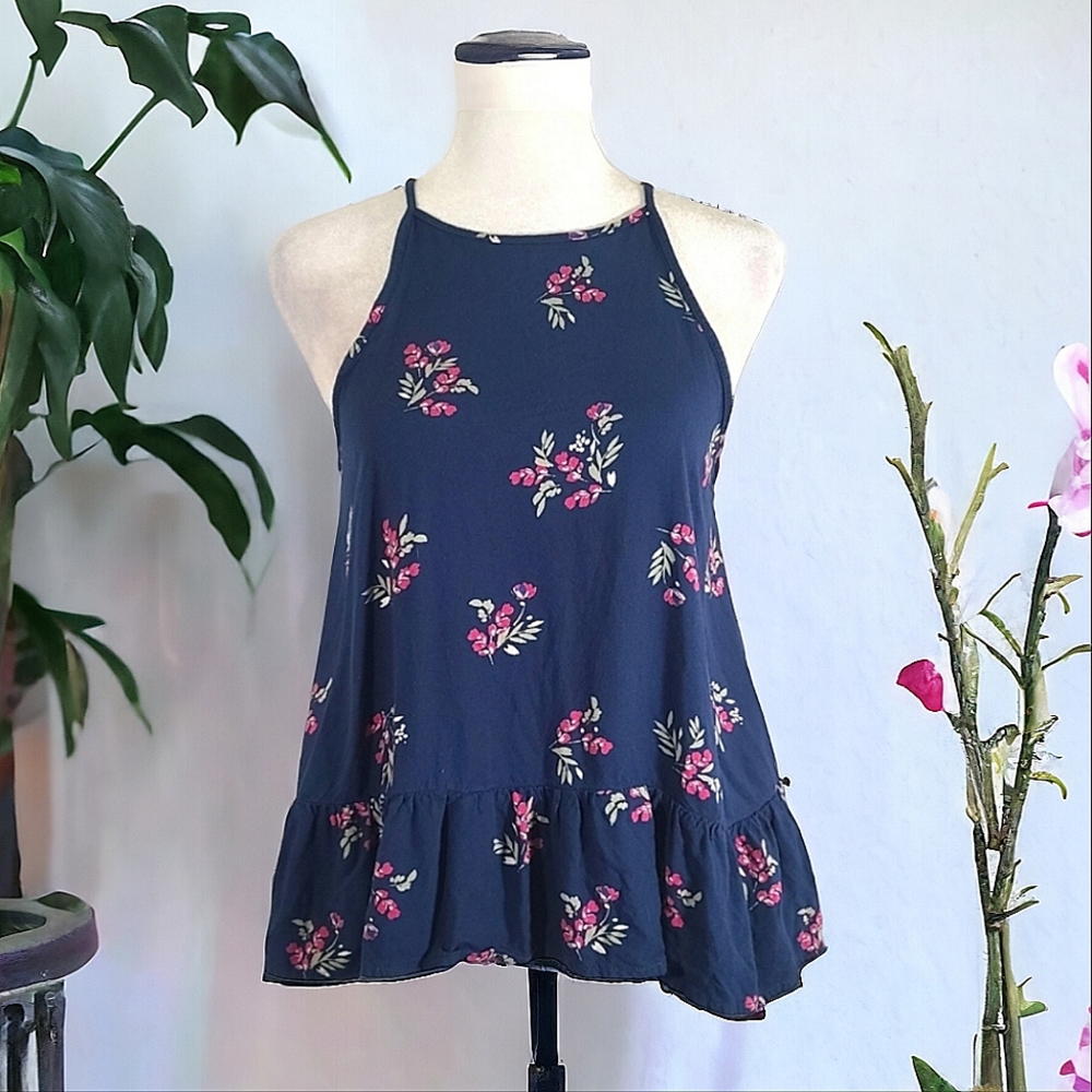 Arizona Jean Company Women's Navy Blue Floral Pleated Halter Top Size XS